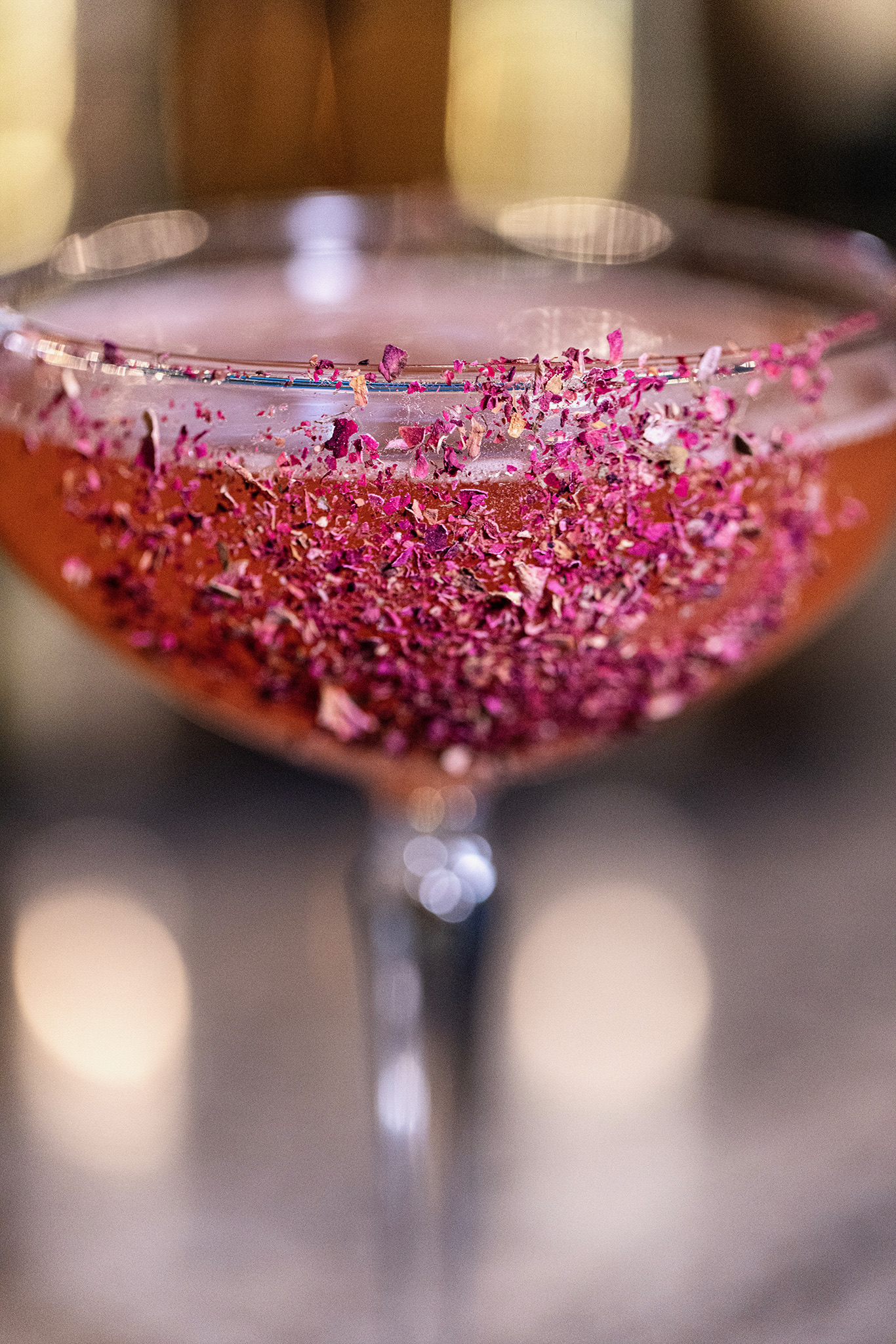 Close-up of a handcrafted cocktail with a dried rose petal rim served in a coupe glass at Old Florida Fish House.
