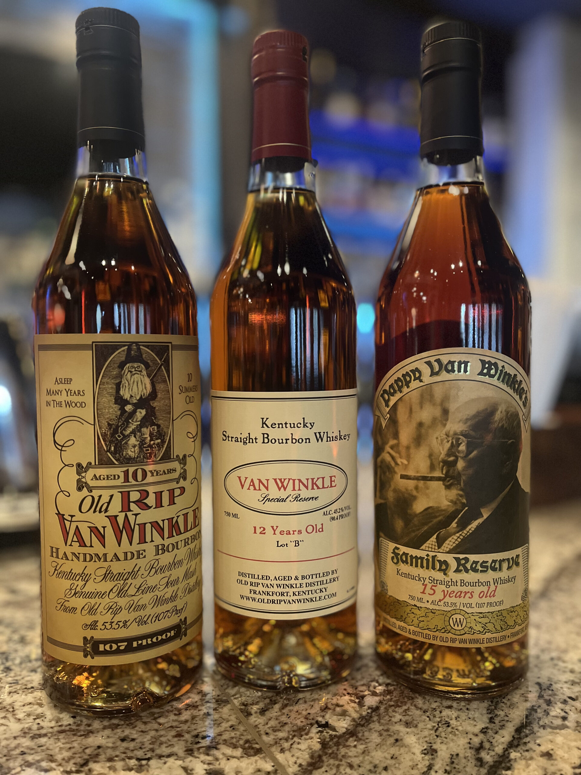 Rare Pappy Van Winkle bourbon collection featuring 10, 12, and 15-year Kentucky straight bourbons at Old Florida Fish House.